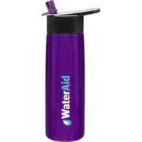 Single wall Stainless Steel Water Bottle Hydra-24 oz.  with threaded lid and flip up straw for cold beverages